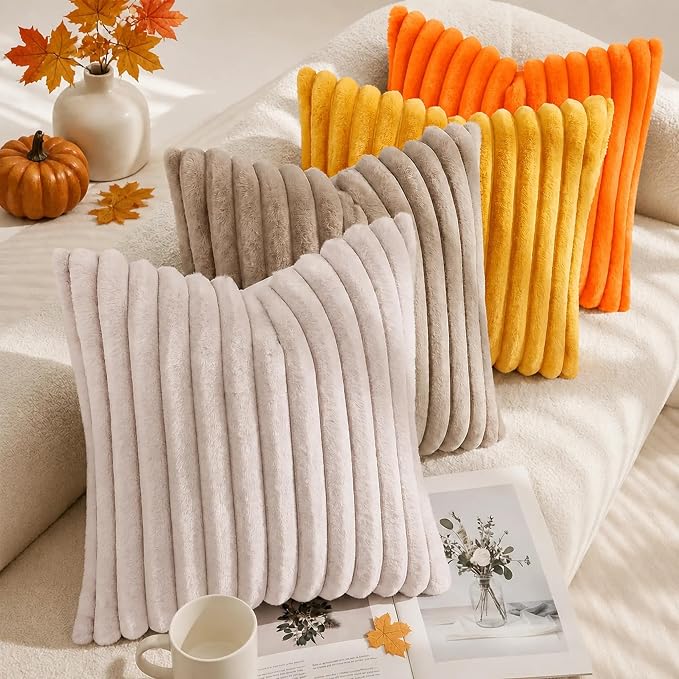 decorUhome Fall Faux Fur Throw Pillow Covers 26x26 Set of 2 Orange | Decorative Soft Cozy Striped Plush Modern Farmhouse Boho Couch Pillow Cases Velvet Back for Sofa Bed Living Room Home Decor