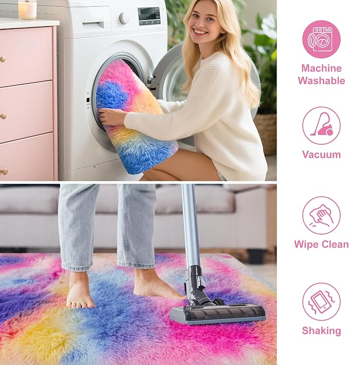 Rainbow Area Rugs 4x6 ft,Tie-Dyed Unicorn Fluffy Fuzzy Shaggy Carpet Soft Plush Furry Rug,for Bedroom Living Room Indoor Floor Rug Kids Girls Boys Home Decor Aesthetic, Dorm Nursery