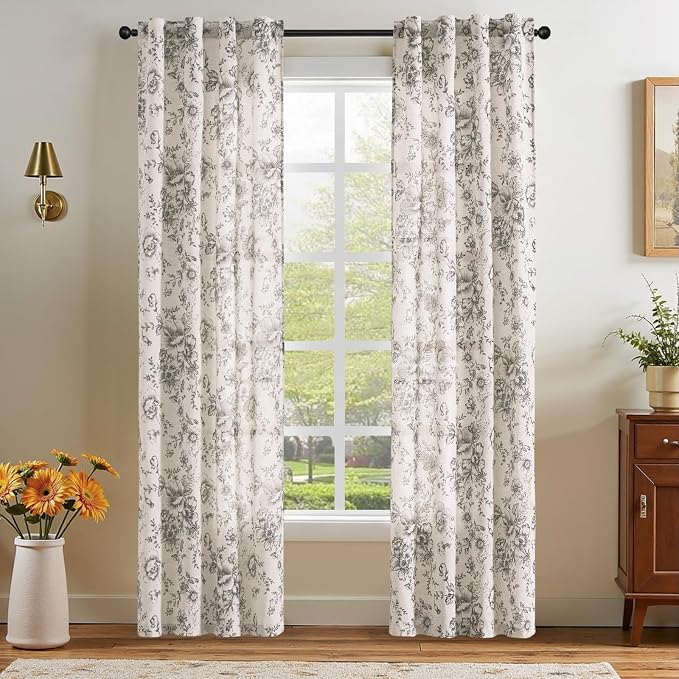jinchan Black Floral Linen Curtains 84 Inch Farmhouse Back Tab 2 Panels | Light filtering drapes, semi sheer, farmhouse, cottagecore, rustic, living room, bedroom, rod pocket, window treatment