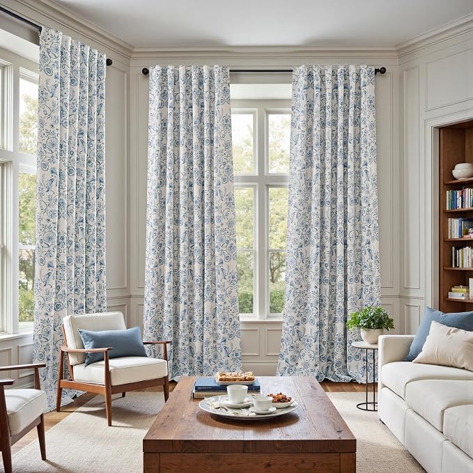 jinchan Blue Floral Blackout Curtains 96 Inch Farmhouse Back Tab 2 Panels | Blue on beige, room darkening, traditional vintage drapes, bedroom, living room, botanical, flower print, window treatment