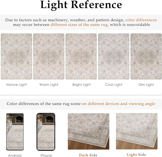 PureCozy Beige Area Rug 6x9 Washable Vintage Living Room Bedroom Carpet Non Slip Soft Low Pile Distressed Medallion Indoor Floor Retro Throw Large Rug for Dining Room Office