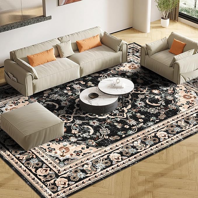 Vhong Washable Area Rugs Boho Vintage Modern Neutral Large Carpet Black and Brown 5×7 High Traffic Rugs for Dinning Room Living Room Bedroom Farmhouse Non Slip