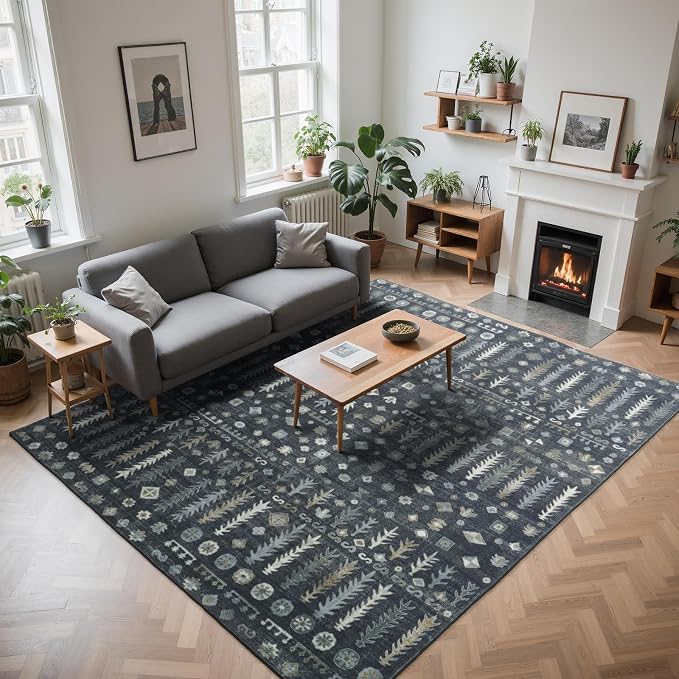 Washable Rugs 8x10 Area Rugs for Living Room,Bedroom,Dining Room- Soft Low Pile Stain-Resistant Carpet with Non-Slip Rubber Backing,Vintage Large Area Rug for Nursery Home Office Decor