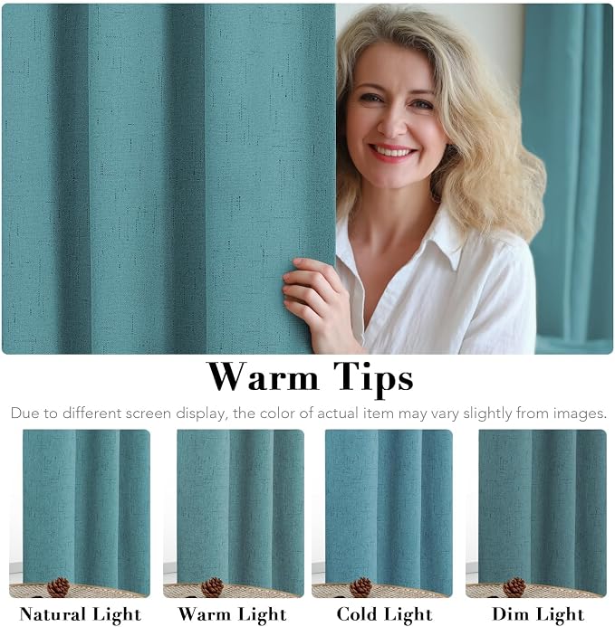 H.VERSAILTEX Linen Curtains 100% Blackout Curtains for Bedroom 102 inch Long Full Light Blocking Nature Linen Blended Window Curtains for Living Room Nickel Grommet (2 Panels, Teal)