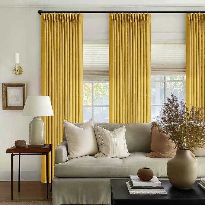 Mustard Yellow Pleated Semi Sheer Linen Curtains 102 Inches Long 2 Panel | for Living Room Bedroom Sliding Patio Door, Pinch Pleated Drape with Hooks Rings for Track System, Light Filtering, Farmhouse