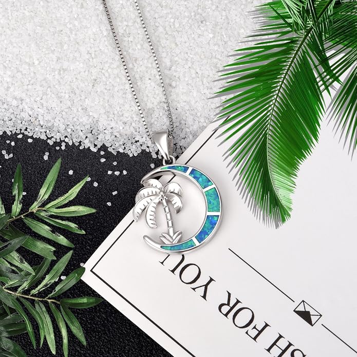 SOULMEET Palm Tree Jewelry Necklace for Women Sterling Silver Simulated Opal Necklace for Her