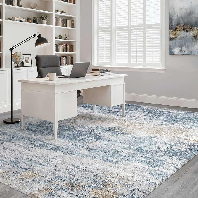 8x10 Area Rugs Living Room: Washable Large Neutral Rug Abstract Soft Modern Stain Resistant Indoor Floor Non-Slip Carpet for Bedroom Nursery Kids Office Playroom Dining Room Under Table- Blue Gold