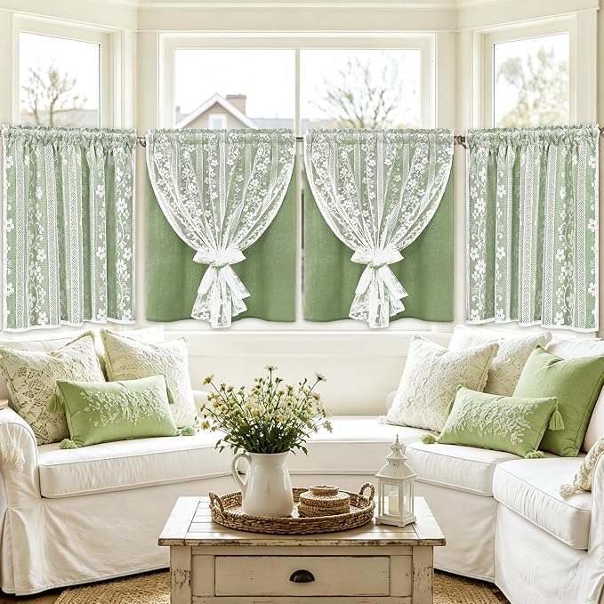 ASPMIZ Linen Kitchen Curtains Double Layer Kitchen Window Curtains Over Sink 36 Inch Sage Green Tier Curtain Light Filtering Rod Pocket Cafe Curtain Short Window Treatments with 2 Tiebacks, 26x36