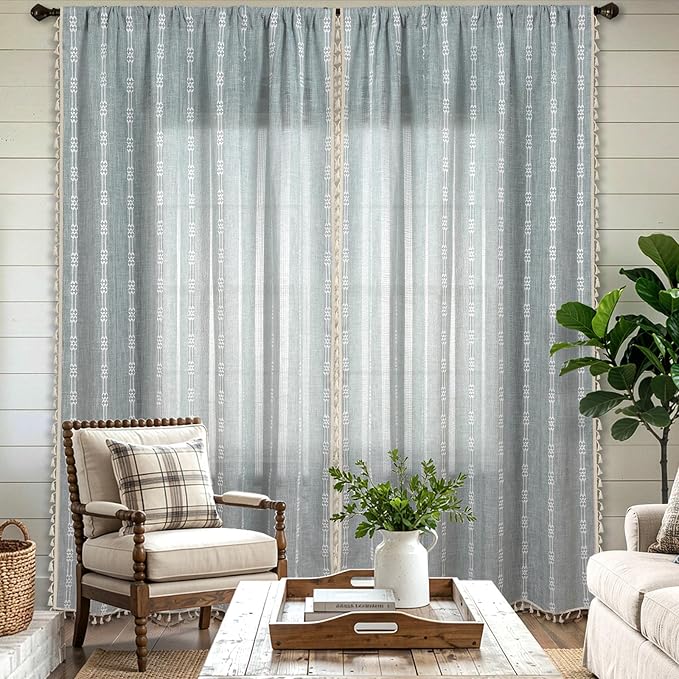 ColorBird Boho Blue Curtains Linen-Textured 84 Inches for Living Room Bedroom Light Filtering Farmhouse Curtains & Drapes Embroidered Striped Window Treatment for Nursery Closet Dining Room