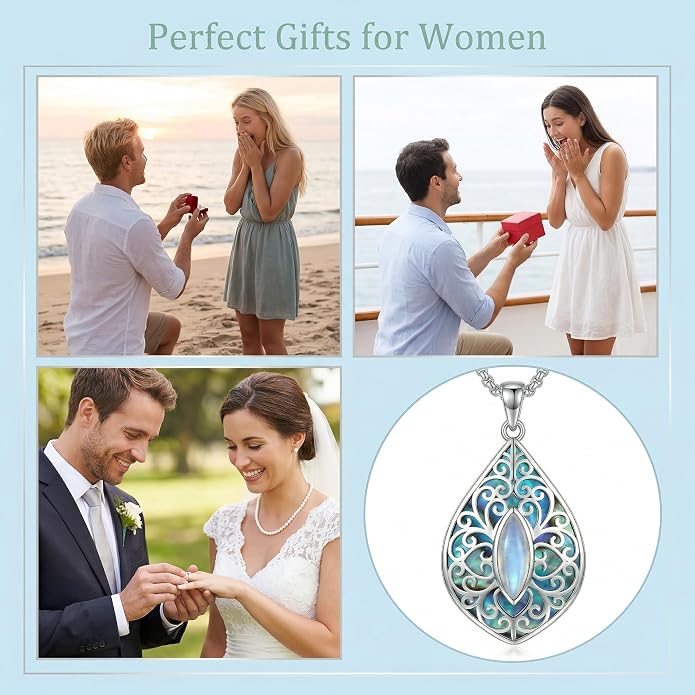Filigree Moonstone Necklace 18K White Gold Plated Moonstone Pendant Necklace Filigree Jewelry Gifts for Women