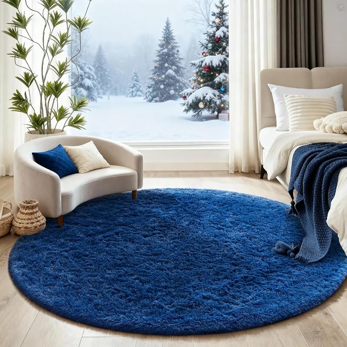 Ophanie Round Rug 5Ft Blue Circle Area Rug, Boys Room Decor, Fluffy Fuzzy Bedroom Carpet, Plush Soft Shaggy Living Room Rugs for Kids Home Aesthetic, Nursery with Over 99 pcs Pile fibers