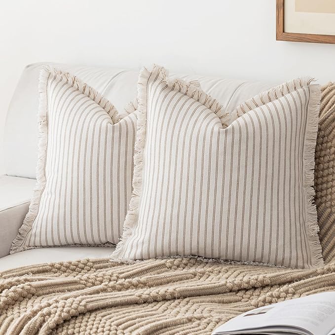 YEENAASY Throw Pillow Covers 20x20 Set of 2 Striped Fringe Pillow Cover Farmhouse Cushion Covers with Tassel Neutral Boho Pillows Decorative Square Pillowcase for Couch Sofa Bed, Khaki