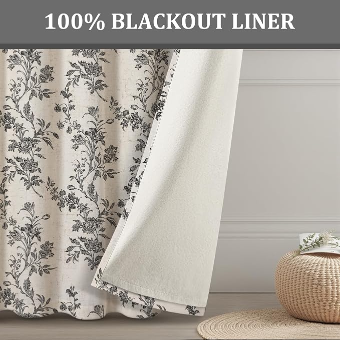 Black Floral 100% Blackout Curtains for Bedroom 84 Inch Length 2 Panels Set, Linen Texture Farmhouse Curtains for Living Room