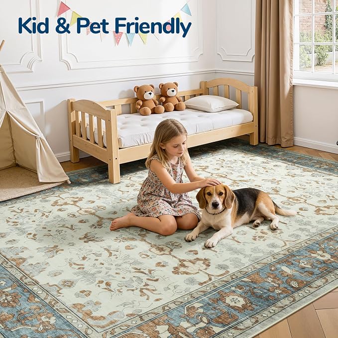 Lessymo Washable Area Rug for Living Room,9x12 Large Rugs with Non-Slip Backing,Soft Boho Carpets for Bedroom Dining Room Nursery Home Office,Light Brow