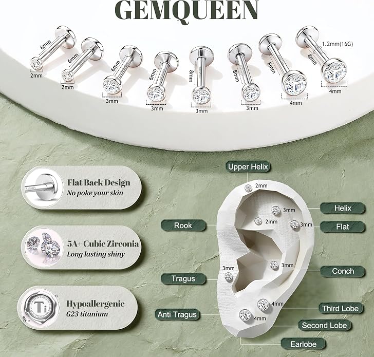 GEMQUEEN 4 Pairs 16G/18G/20G G23 Titanium Implant Grade Nose Studs Threadless Flat Back Earrings Hypoallergenic Flatback 5A CZ Cartilage Helix Tragus Conch Tiny Lip Piercing Jewelry for Women Men