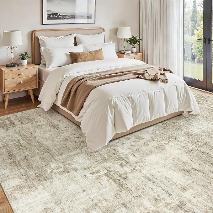Soalmost Washable Area Rug 8x12, Large Soft Rugs for Living Room Vintage Beige Gray Carpet 8x12 Area Rugs for Bedroom Dining Room Non-Slip Stain Resistant Under Table Rug