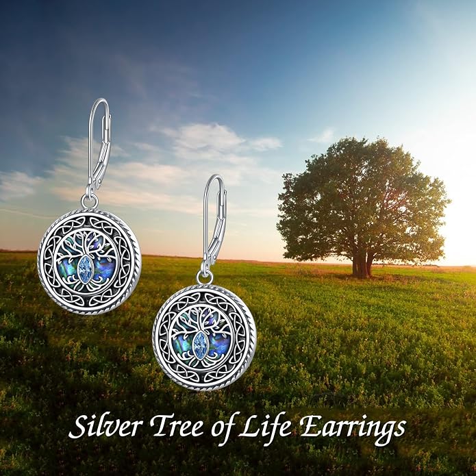 POPLYKE 925 Sterling Silver Tree of Life Dangle Earrings for Women Fashion Abalone Shell Jewelry Gifts for Mom Sister Friend Birthday