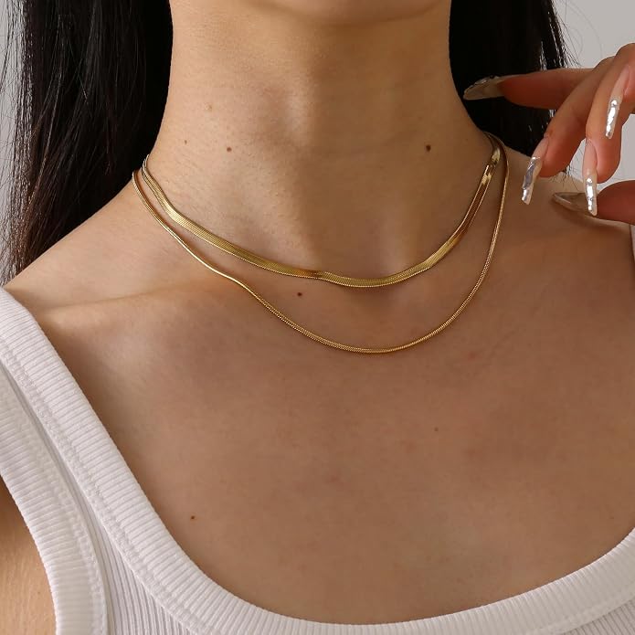18K Gold Plated Snake Chain Herringbone Necklace Layered Double Chain Choker Necklaces for Women Trendy Jewelry Christmas Gifts