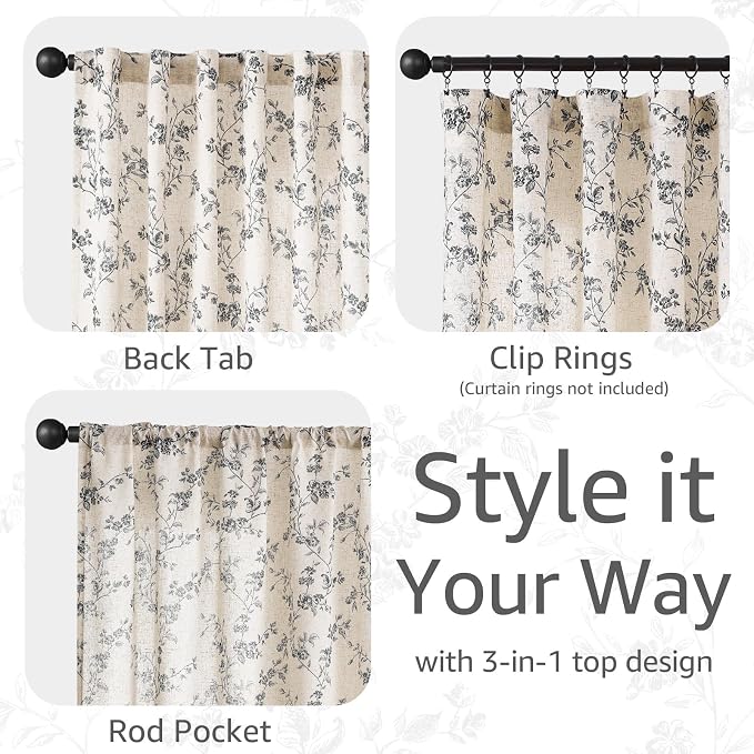 jinchan Black Floral Linen Curtains 84 Inch Rustic Drapes Back Tab 2 Panels | Black on beige, light filtering, semi sheer, farmhouse, country, privacy, flower, bedroom, living room, window treatment