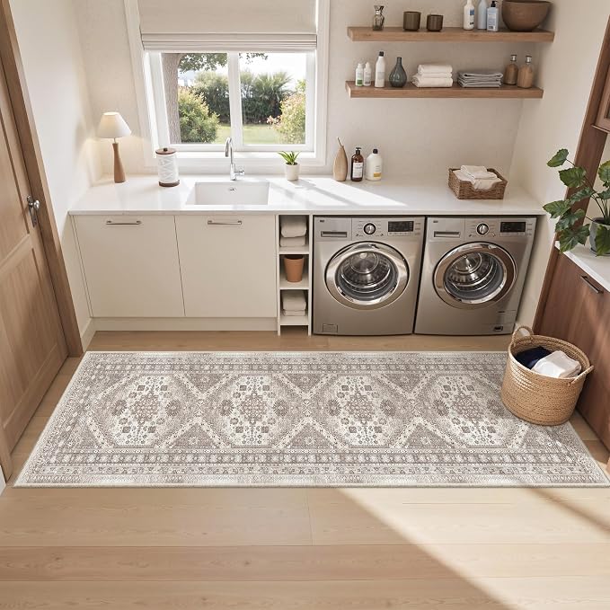 befbee 2x8 Runner Rug Washable Hallway Runner Rug Ultra-Thin Soft Kitchen Rug Non Slip Indoor Floor Foldable Carpet with Low Pile for Bathroom Laundry Room Living Room Entryway(Brown/Beige,2'x8')