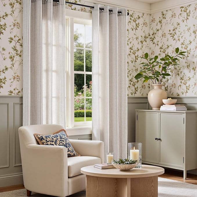 Vangao Linen Striped Curtains for Living Room Bedroom Farmhouse Tickingstripe Light Filtering Window Curtains Printed Drapes Grommet Top 2 Panels Taupe Grey W50 x L63 Inch