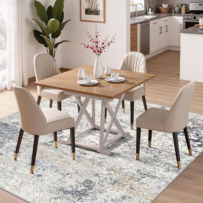 DMOYEST Square Area Rug Living Room Rugs - 8x8 Washable Large Soft Indoor Neutral Modern Abstract Low Pile Rug Carpet for Bedroom Dining Room Farmhouse Home Office - Beige Blue