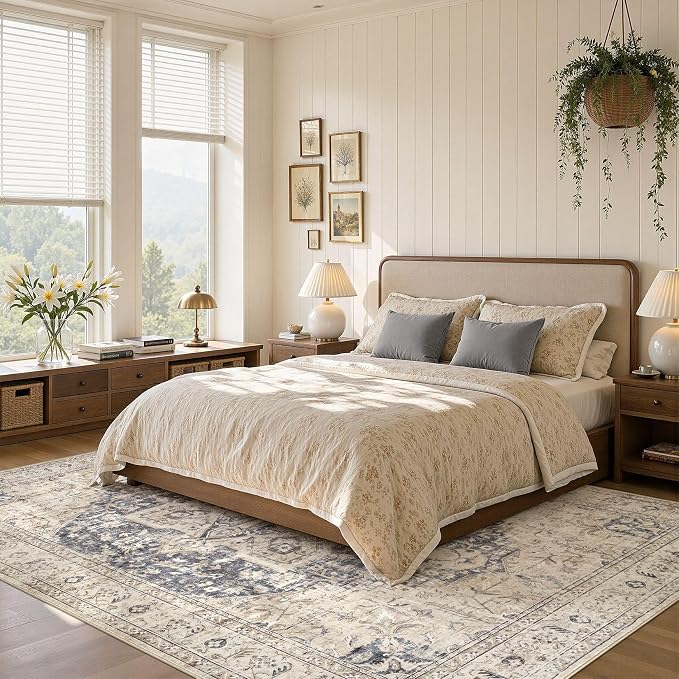 Tortania Area Rug Living Room Rugs - 6x9 Washable Boho Rug Vintage Oriental Distressed Farmhouse Large Thin Indoor Carpet for Living Room Bedroom Under Dining Table Home Office - Cream Blue