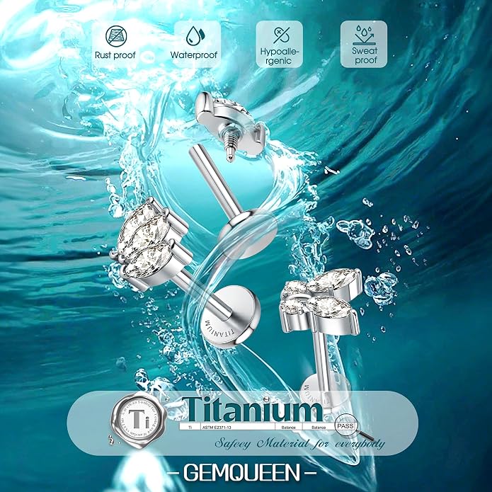 GEMQUEEN G23 Implant Grade Titanium 18G Internally Threaded Flat Back Earrings 5A CZ Studs: 14K Gold Hypoallergenic 3 Pcs Tragus Cartilage Conch Helix Piercing Jewelry for Sensitive Ears Women Men