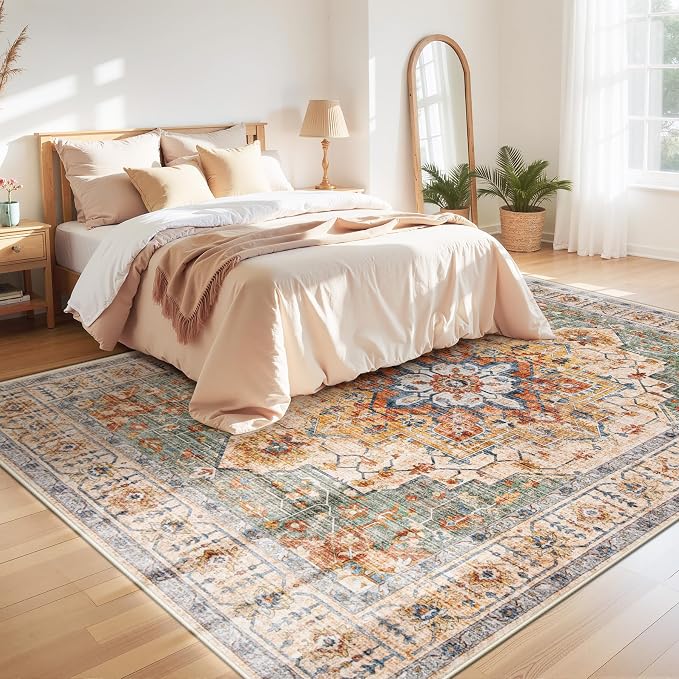 Area Rug 9x12 Vintage Rug: Large Washable Indoor Medallion Rugs Low Pile Distressed Floor Carpet Retro Accent Rug for Living Room Bedroom Kitchen Dining Table Home Office(Green/Yellow, 9'x12')
