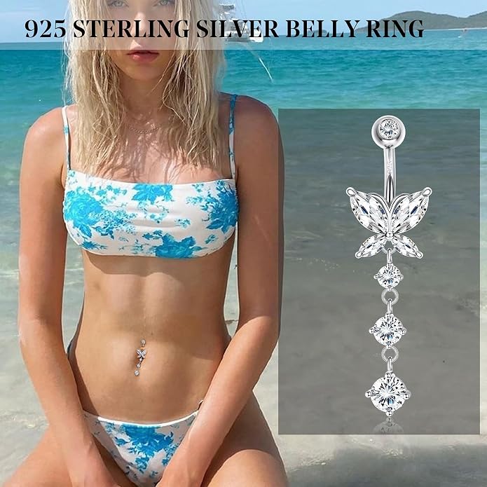 ZELORES 925 Sterling Silver 14G Dangle Belly Button Rings Barbell Belly Rings CZ Opal Belly Body Piercing Jewelry for Women