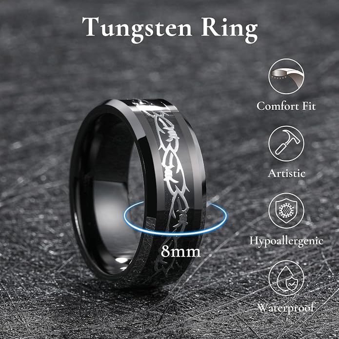 King Will Mens 8mm Black Silver Tungsten Rings, Men's Wedding Rings Fishing Line Inlay Beveled Edge Ring for Men Women, Comfort Fit, Durable