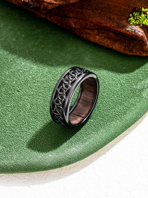 Wooden Celtic/Cross Ring 925 Sterling Silver Wedding Band Wood Mens Rings Engagement Ring Jewelry Gift for Men Women Size 8-14