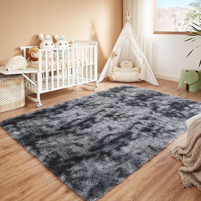 Floralux Shag Rug 5x7 for Living Room, Tie-Dyed Dark Grey, Soft Fluffy Area Rug, High-Pile Plush Indoor Carpets for Bedroom, Playroom, Nursery