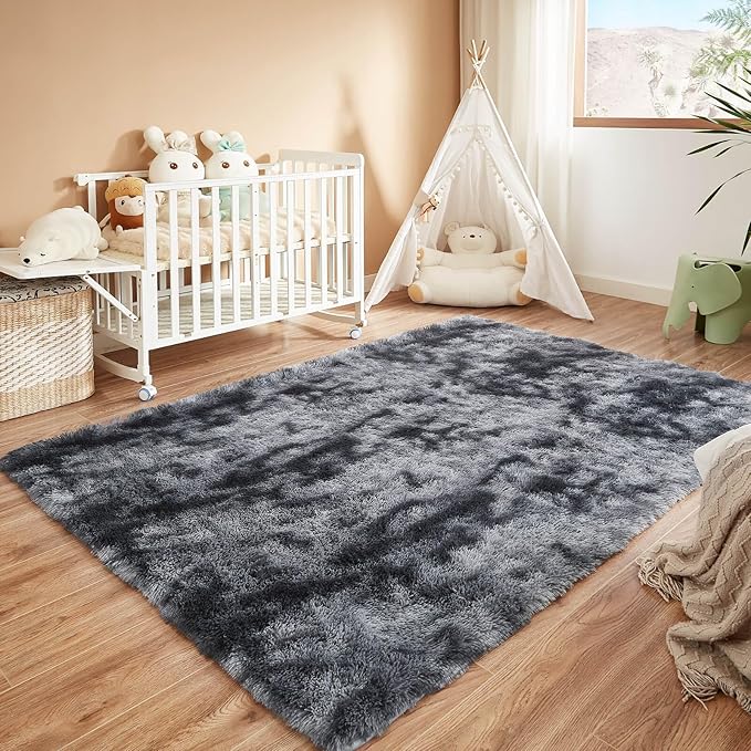 Floralux Upgrade 4x6 Rugs for Bedroom, Tie-Dyed Dark Grey, Fluffy Shaggy Soft Area Rug for Living Room, Non-Slip Indoor Floor Carpet for Nursery, Kids Baby Boys Teen Dorm Home Decor Aesthetic