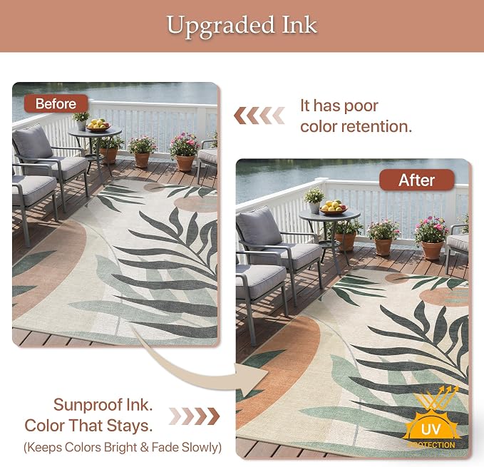 GENIMO 10x14 Outdoor Rug, Washable Quick Dry for Patio, Beige Olive | Botanical leaf design for gazebo; lightweight chenille with quick-dry non-slip backing for indoor living spaces.