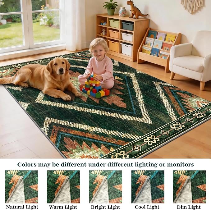 4x6Ft Boho Area Rugs Non Slip, Green Washable Rug for Living Room, Soft Bedroom Carpet, Low Pile Moroccan Entryway Area Floor Carpets for Dining Room Kids Nursery Farmhouse
