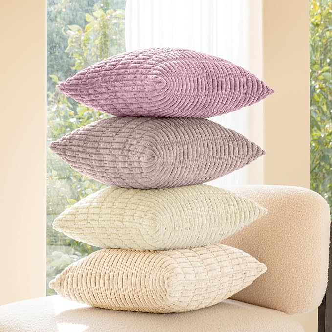 Softalker Throw Pillow Covers 16x16 Inch, Set of 4, Corduroy Soft Striped Farmhouse Boho Pillow Cover, Modern Decorative Cushion Pillow Case for Couch Sofa Bedroom Living Room, Light Pink
