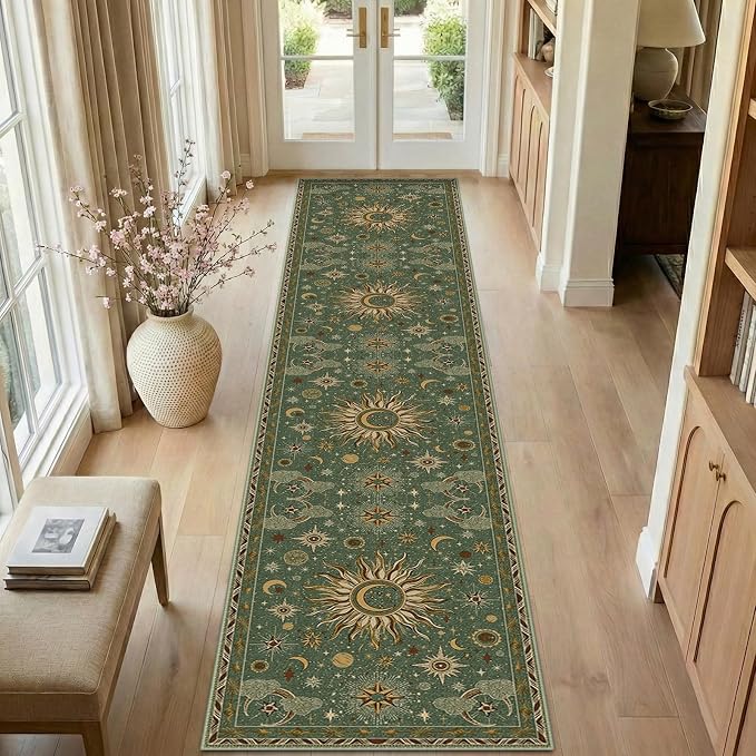 Vacuum-Friendly, 2x10 Washable Area Rug, Green Brown | Sun and Moon Boho Gothic Non-Slip Low Pile Living Roon Bedroom Dining Room Kitchen Entry Entryway Entrance Hallway Doormat