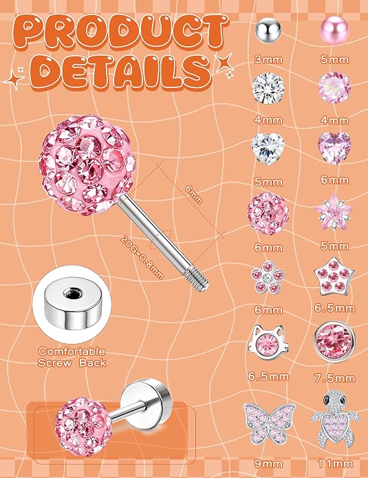 LOYALLOOK 14Pairs Hypoallergenic Screwback Earrings for Women Girls Tiny CZ Pearl Ball Heart Flower Screw Back Earring Studs 316L Stainless Steel Stud Earrings Flatback 20G Over 3 Years Old