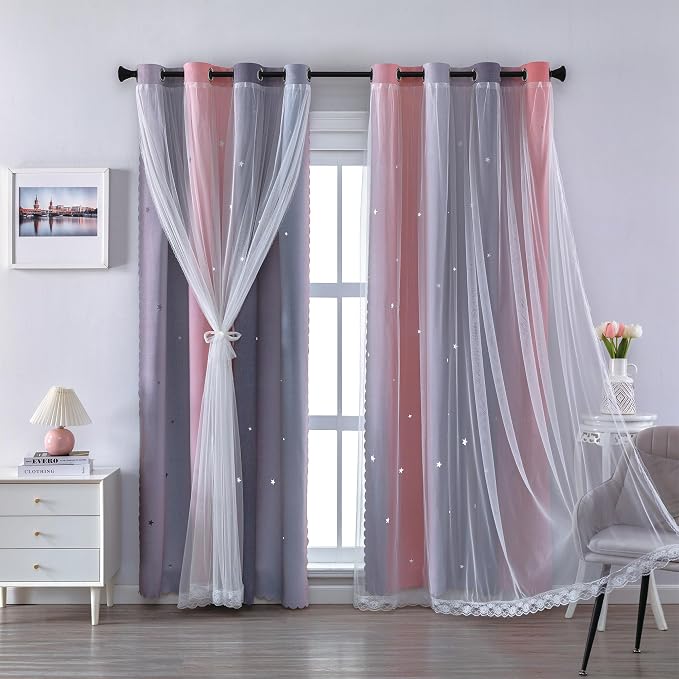 XiDi Girls Curtains for Bedroom 90 Inches Long 2 Panels Pink and Grey Rainbow Blackout Curtains for Little Girl Kids Room Decor Living Room, Princess Unicorn Wall Decals Drapes 52x90