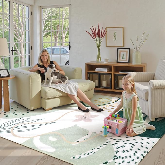 Lahome Green Machine Washable Rugs - 6x9 Rug for Living Room Non-Slip Large Boho Area Rug Lightweight Throw Non-Shed Dining Room Rug, Soft Botanical Print Floor Carpet for Bedroom Classroom Office