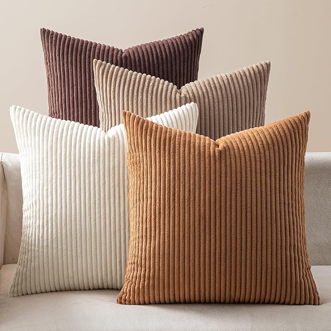 EMEMA Brown Decorative Throw Pillow Covers 22x22 Inch Set of 4 Boho Farmhouse Corduroy Striped Square Pillow Case,Western Modern Cushion Covers for Couch Bed Livingroom Home Decor