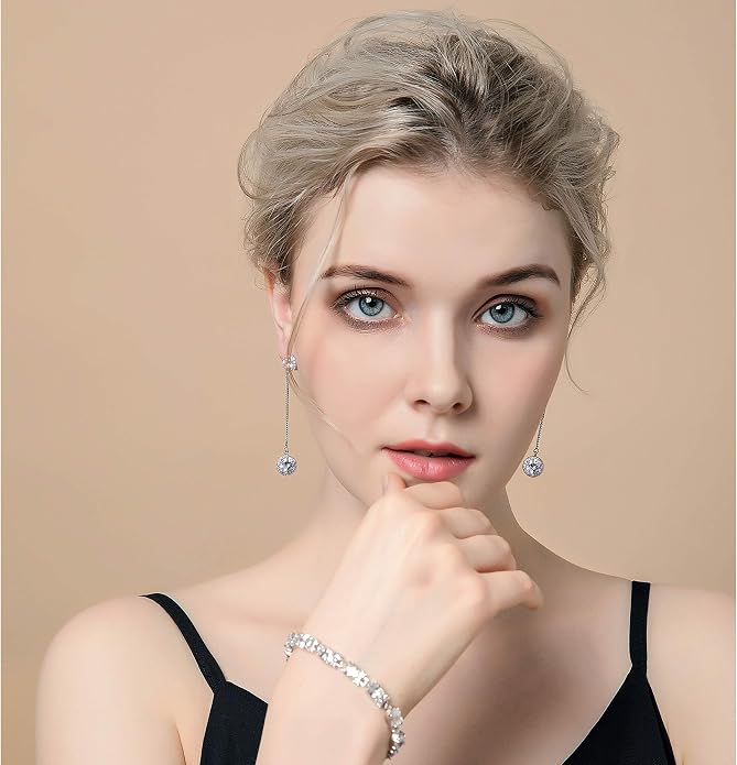 Crystal Linear Drop Earrings - Womens Sterling Silver Round Cubic Zirconia CZ Diamond Rhinestone Long Chain Dangle Earrings Bridal Drop Earrings for Wedding Bride Bridesmaids