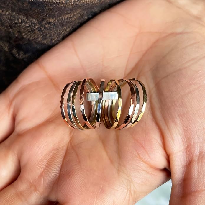 PHNX Two-Tone Stacking Ring for Women | Real Sterling Silver Ring| Hammered Finish Design | Elegant Boho Chic Jewelry | Perfect for Daily Wear, Special Occasions