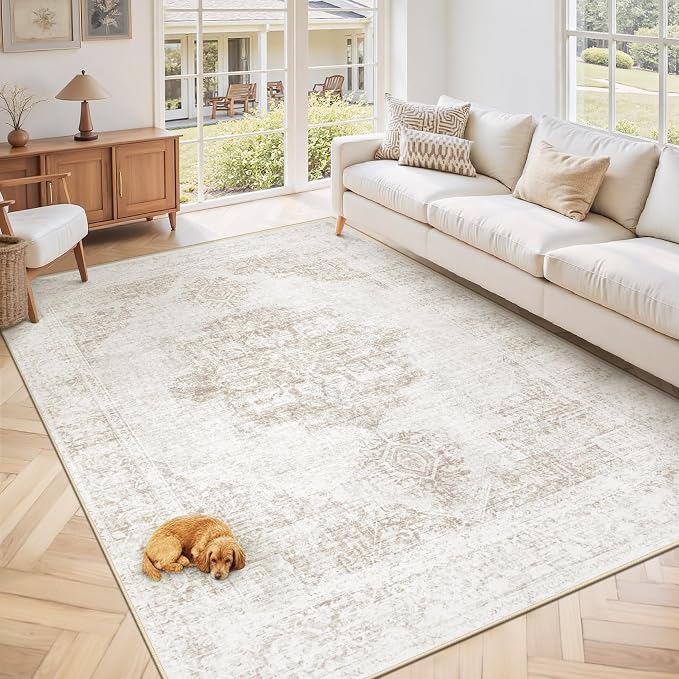 5X7 Area Rugs for Living Room, Washable Rugs Beige Vintage Medallion Non-Slip Soft Low Pile Rug Large Indoor Retro Carpet for Bedroom Dining Room Home Office Nursery Room(Beige,5'x7')