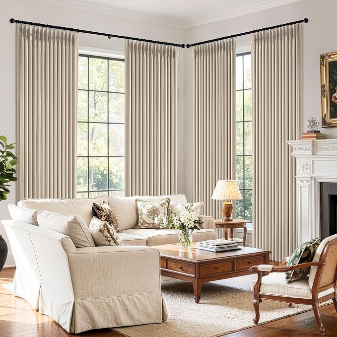 MIULEE Pinch Pleated 100% Blackout Curtains 40"x90" Natural 4 Panels Set | Thick Linen, Memory Trained Pleat, Back Tab Double Layer Drapes, Thermal Insulated, Curtain for Bedroom Living Room Darkening