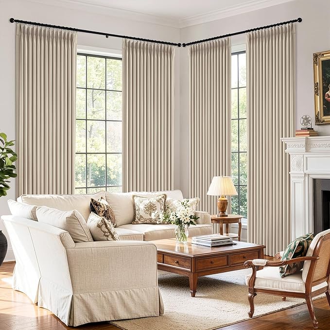 MIULEE Pinch Pleated 100% Blackout Curtains 40"x84" Natural 4 Panels Set | Thick Linen, Memory Trained Pleat, Back Tab Double Layer Drapes, Thermal Insulated, Curtain for Bedroom Living Room Darkening