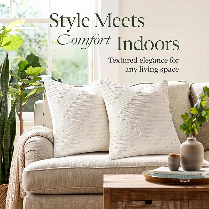 Mecatny Boho Summer Outdoor Throw Pillow Covers 16X16 Set of 2, Farmhouse Decorative Pillow Covers for Couch Sofa Living Room, Beige & Cream White