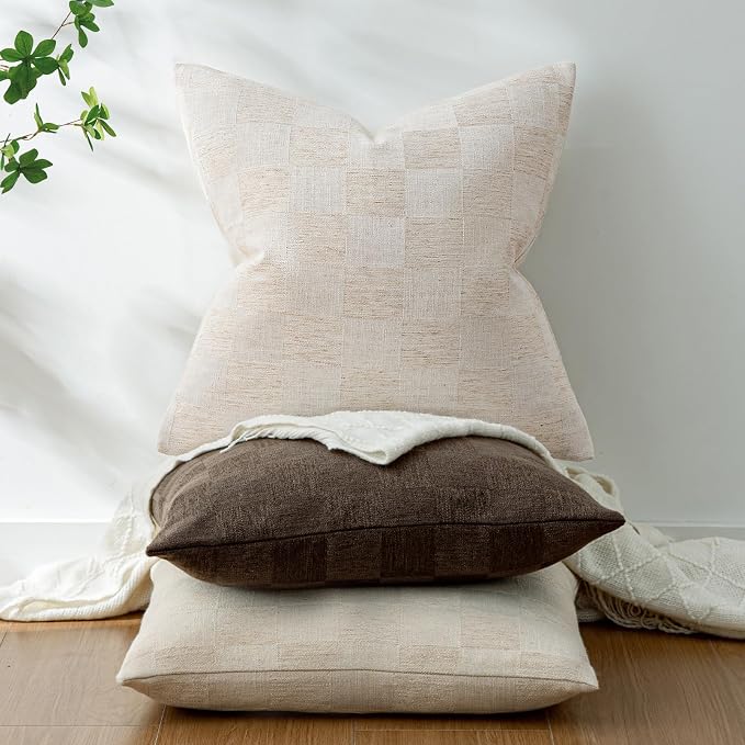 a moment Set of 2 Decorative Linen Throw Pillow Covers,Large Grid Textured Neutral Boho Farmhouse Cushion Covers,Soft Aesthetic Pillowcases for Couch Sofa Living Room Home Decor,22x22 Inch,Beige