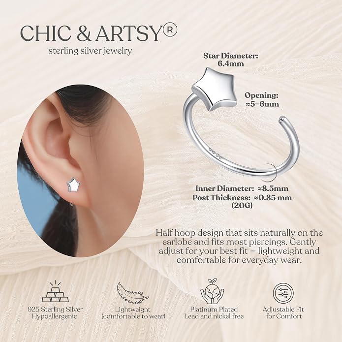 CHIC & ARTSY 925 Sterling Silver Half Hoop Earrings for Women, Small Huggie Hoops Set with Ball Bar Star Moon Cross & Pearl, Lightweight Comfort Fit Everyday & Sleep Earrings